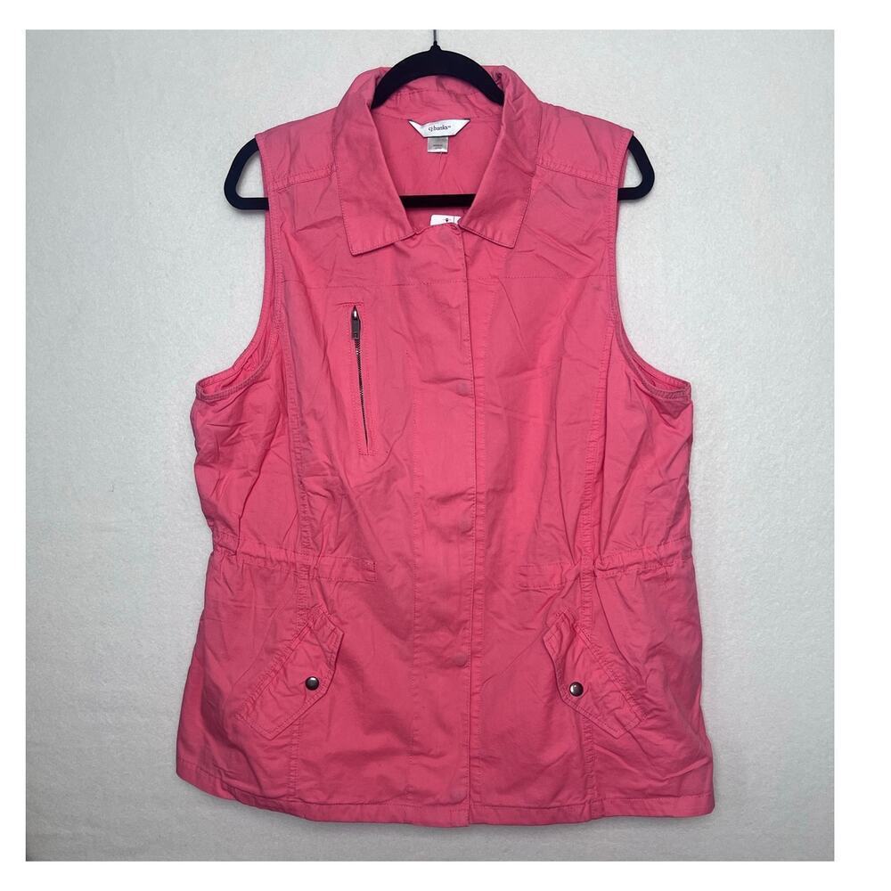 CJ Banks Women's Pink Cotton Full Zip Vest Size 14W Cinch at Waist Pockets NWT